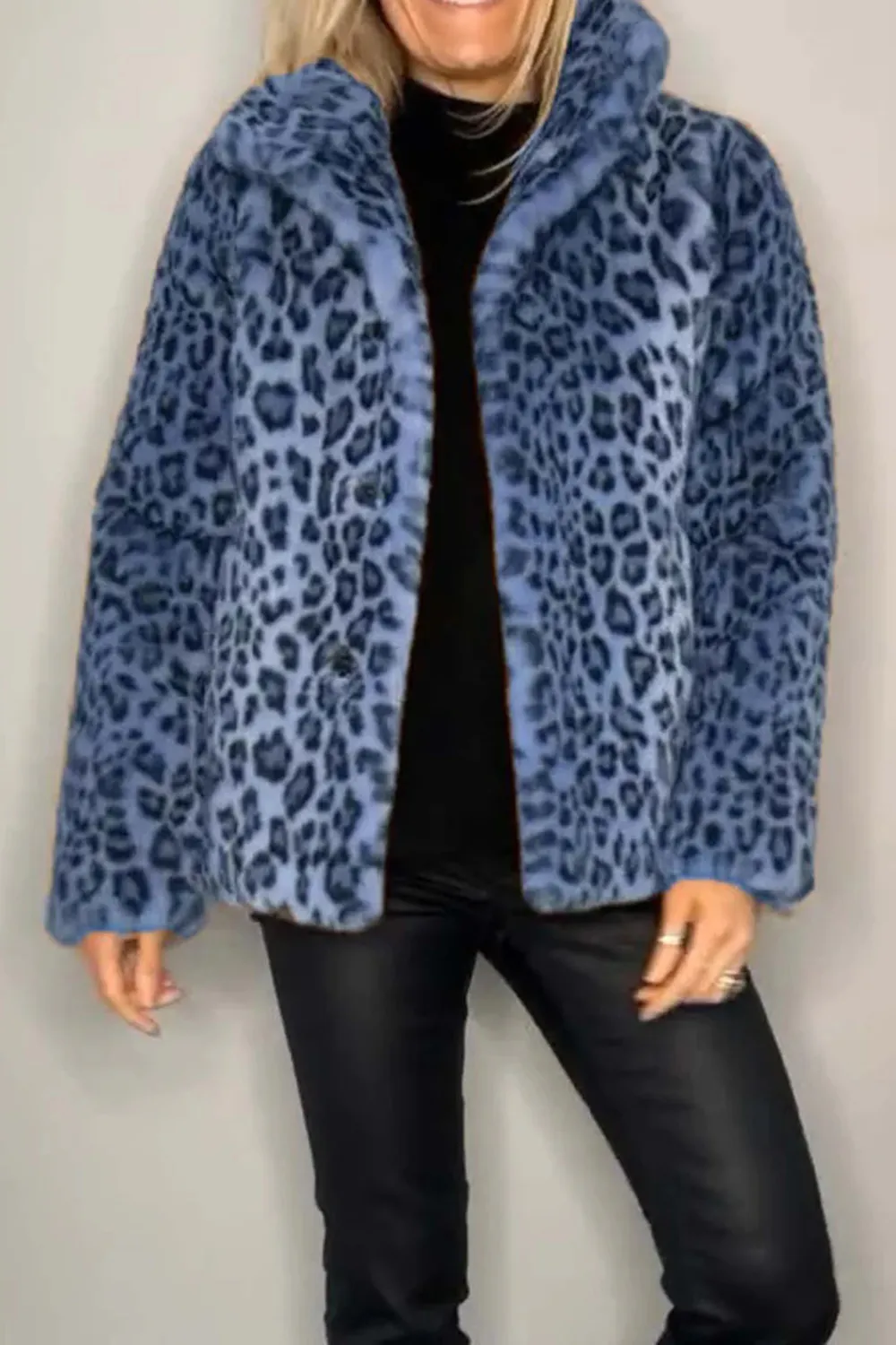Full Size Leopard Furry Collared Neck Long Sleeve Coat, image 11