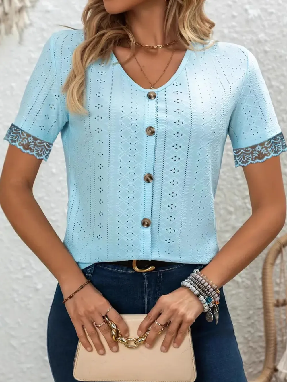 Eyelet Lace Trim Short Sleeve Blouse