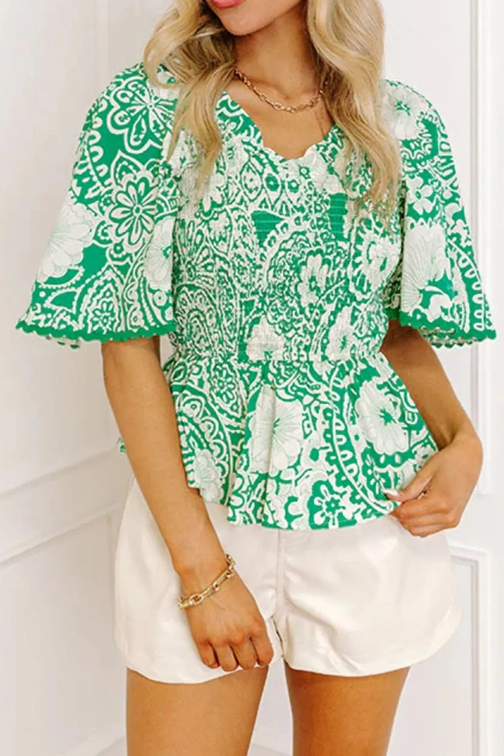 Flirty Floral Smocked V Neck Blouse, image 3