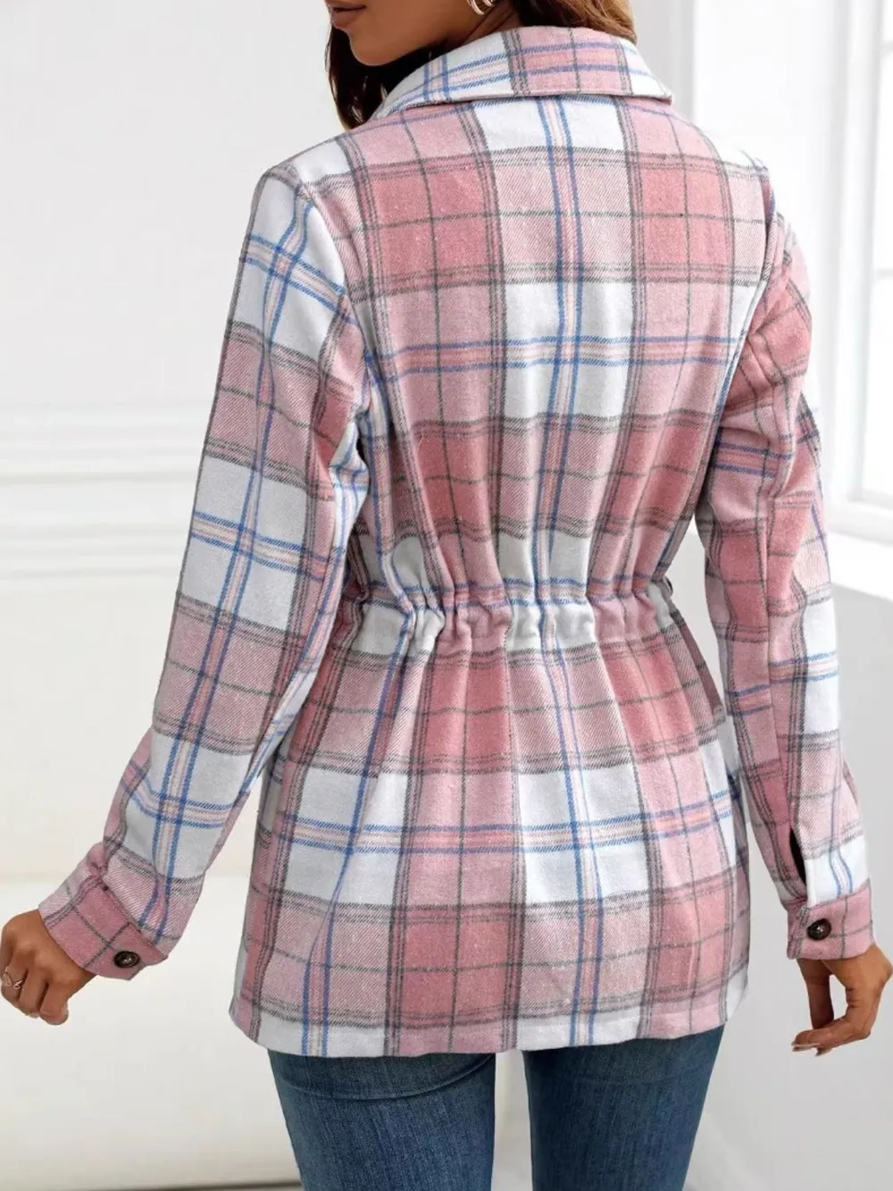 Drawstring Plaid Button Up Jacket with Chest Pockets, image 2