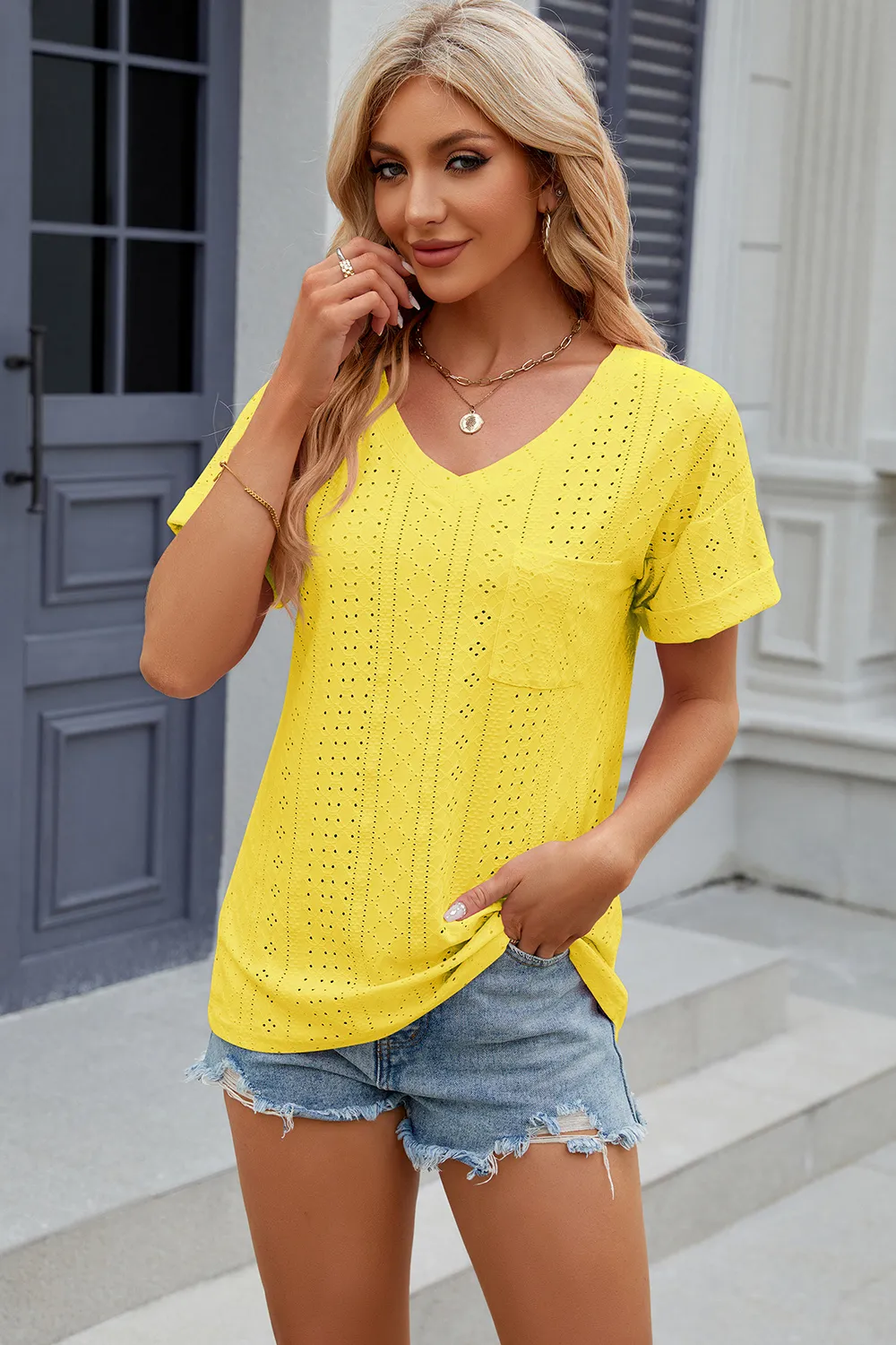 Eyelet V-Neck Short Sleeve T-Shirt, image 16