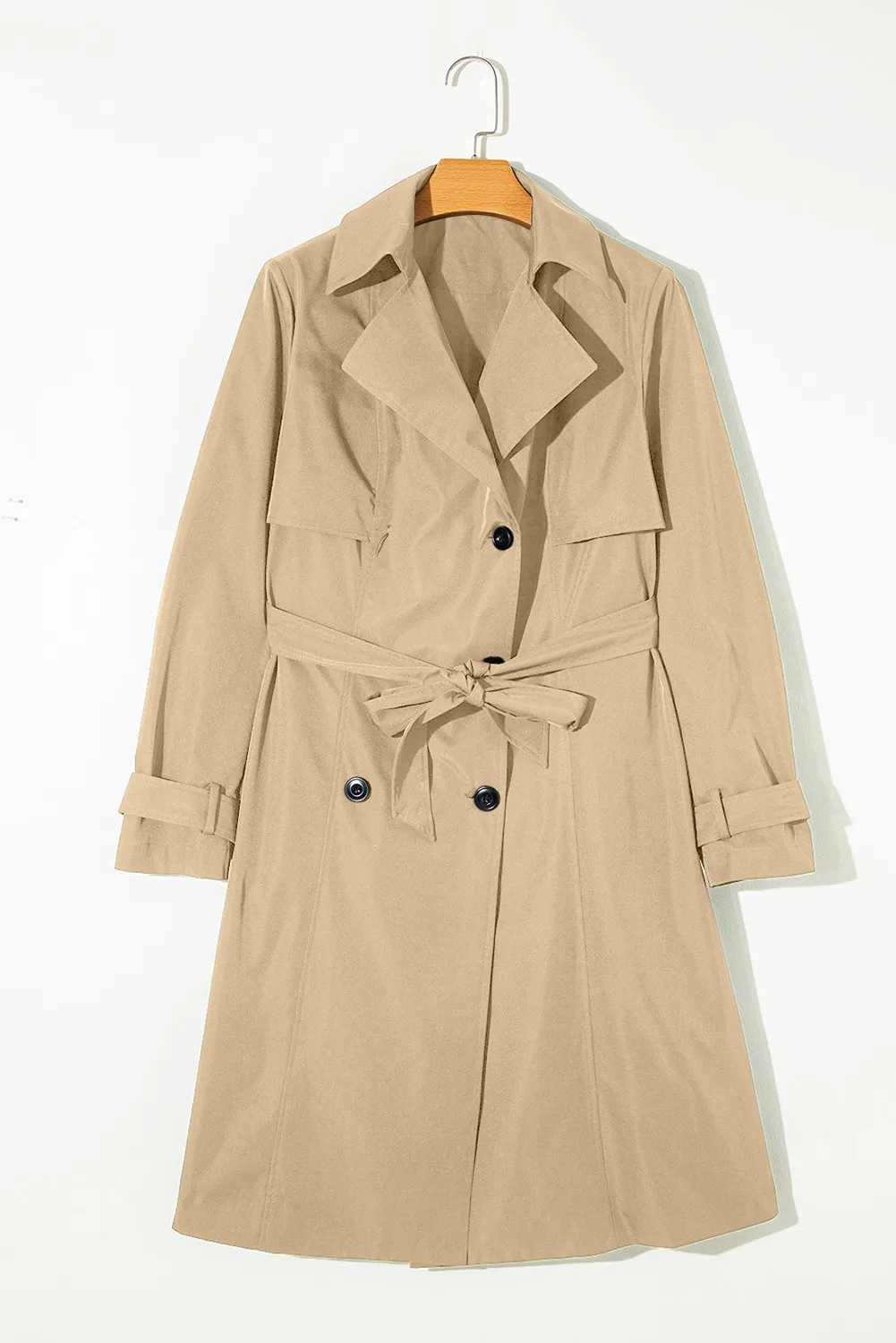 Collared Neck Tie Waist Buttoned Long Sleeve Trench Coat, image 4