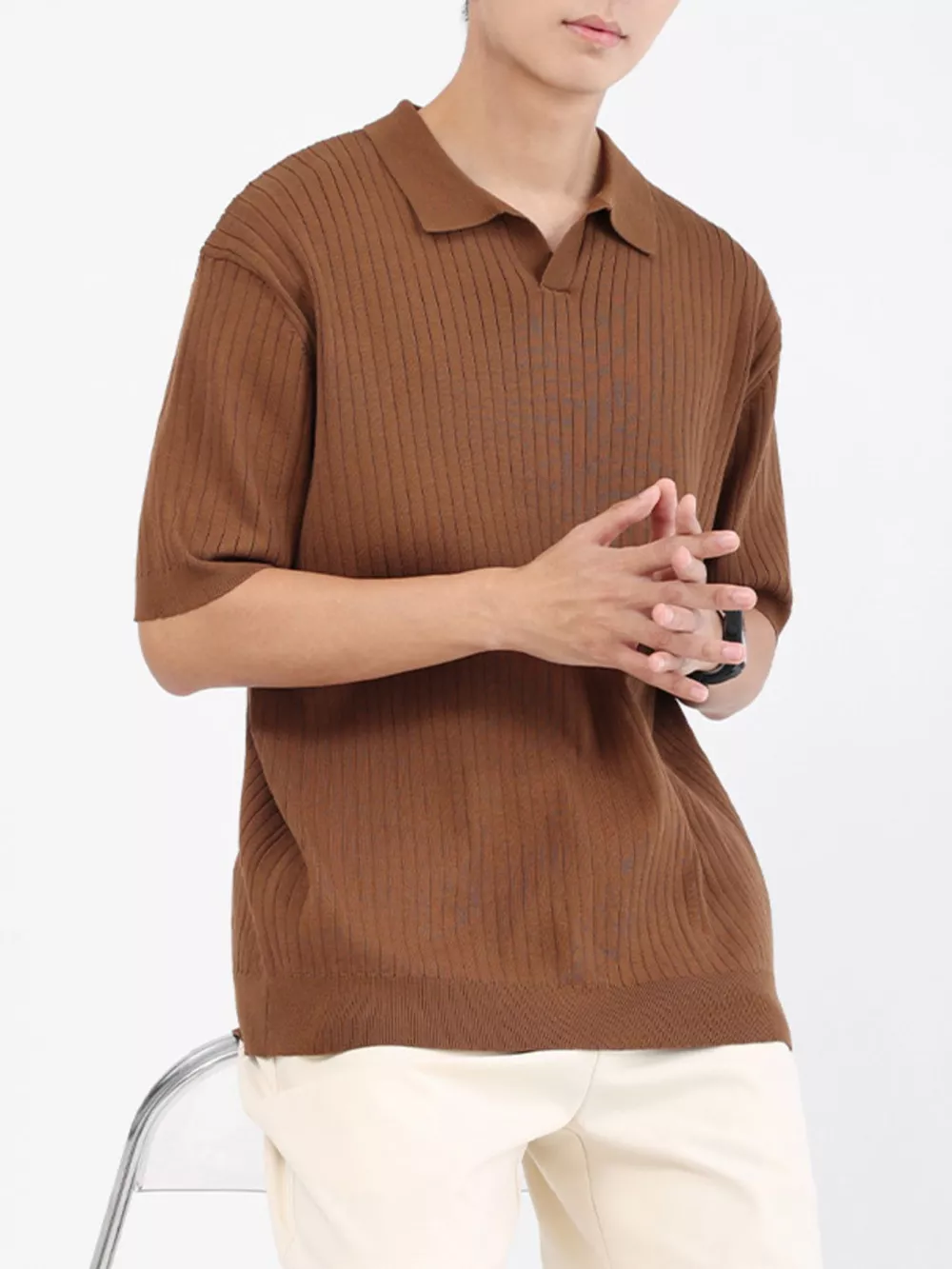 Men's Plus Size Ribbed Knit Short Sleeve Polo, image 5