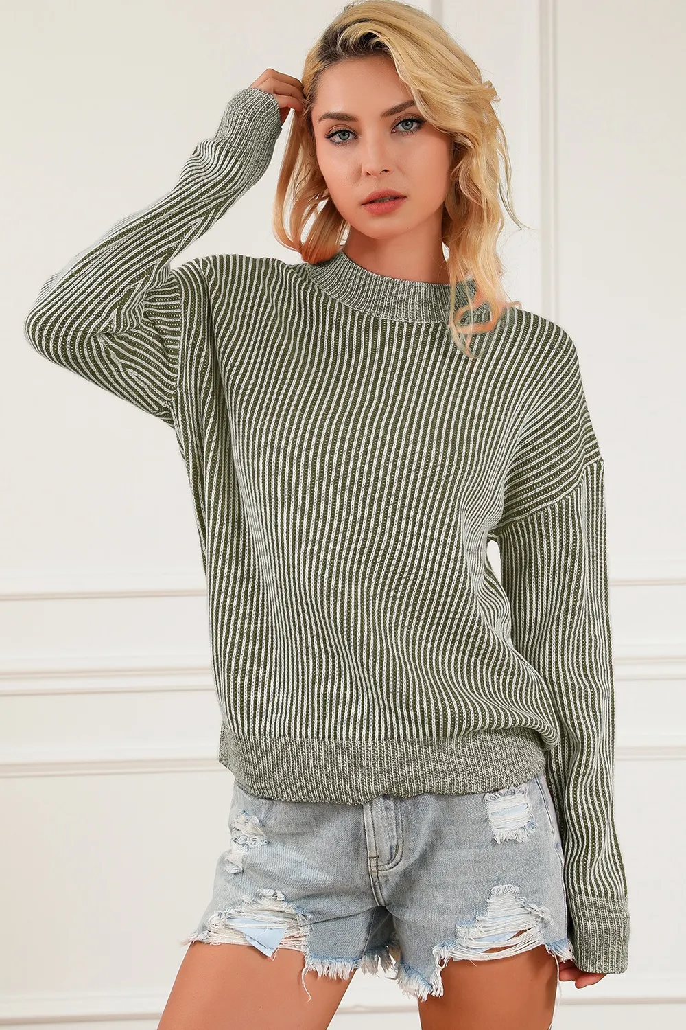 Striped Mock Neck Dropped Shoulder Sweater, image 4