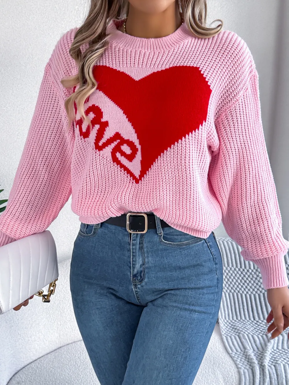 LOVE Heart Round Neck Dropped Shoulder Sweater, image 6