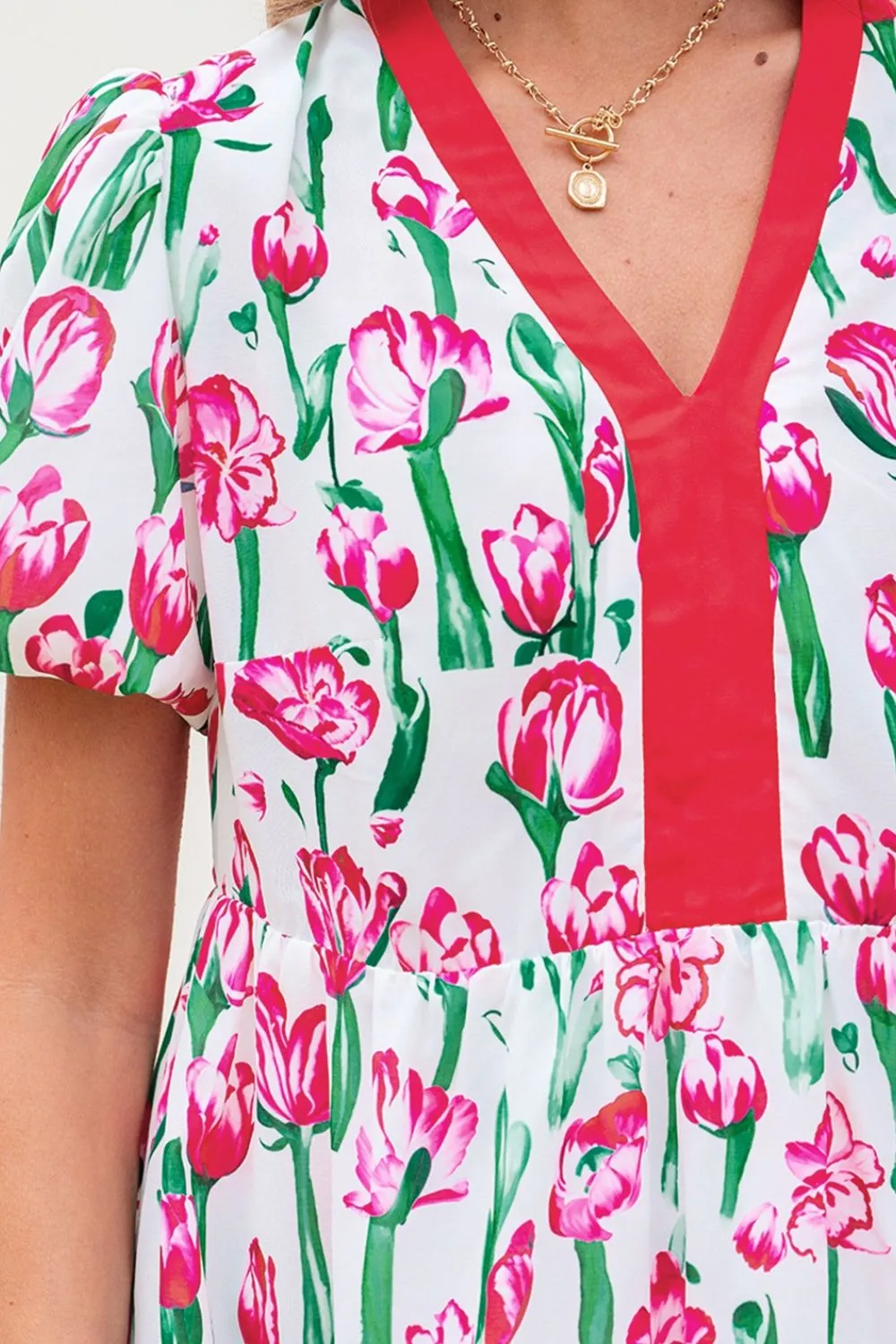 Floral Print Contrast Trim V Neck Bubble Short Sleeve Babydoll Dress, image 4
