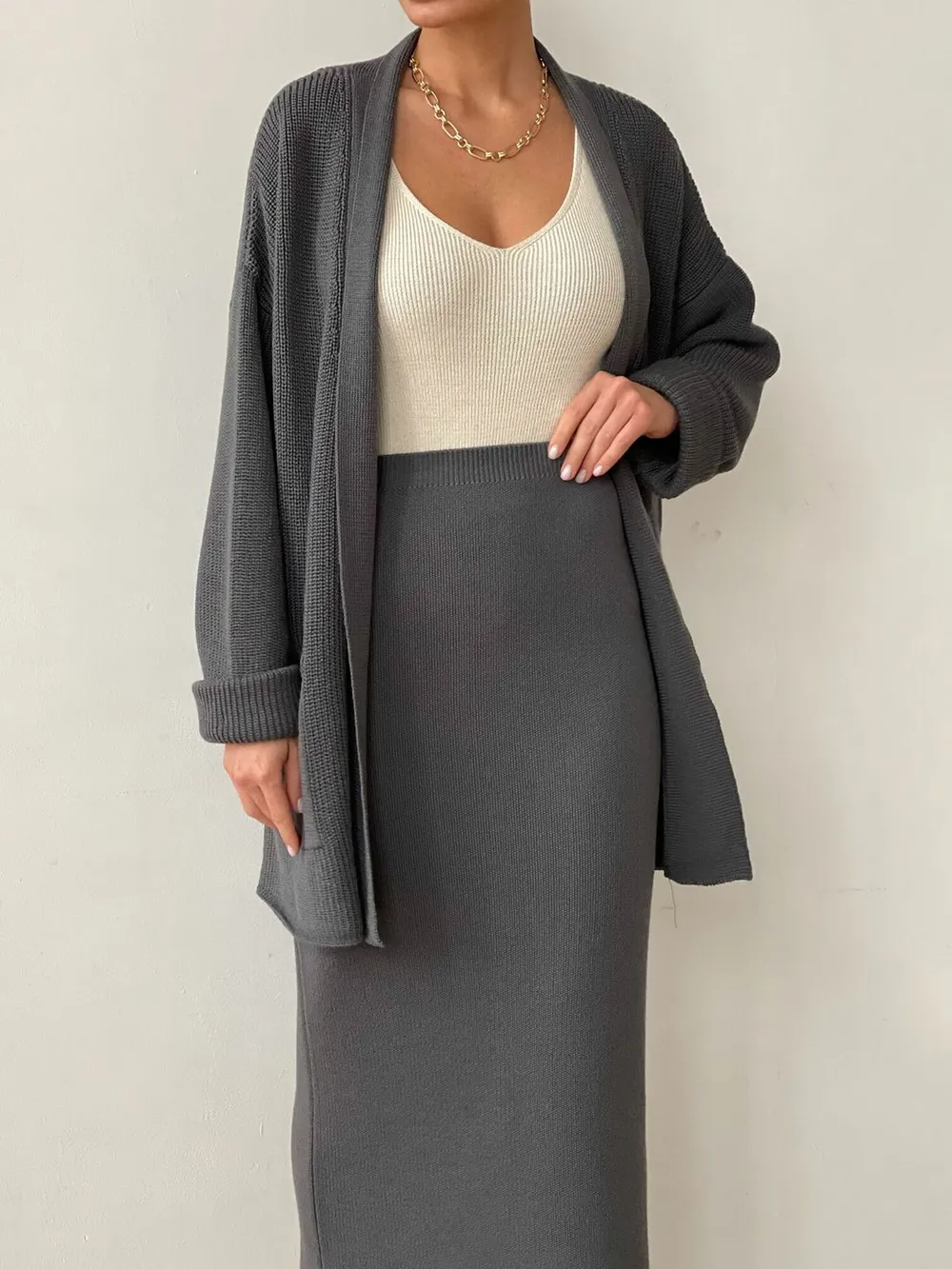 Pocketed Long Sleeve Cardigan and Skirt Sweater Set, image 15
