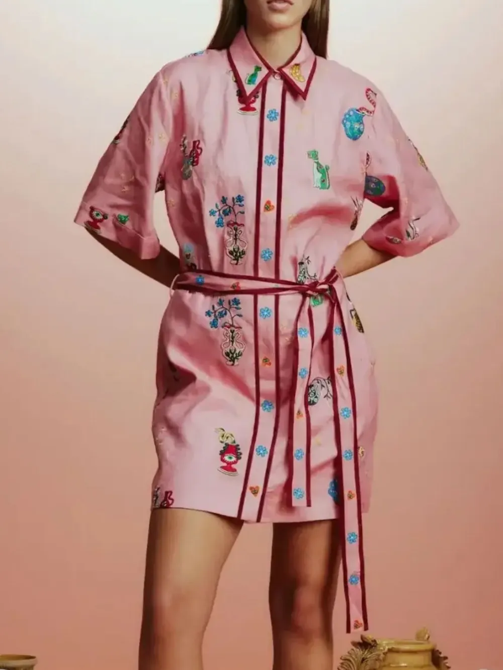 Printed Tie Waist Half Sleeve Shirt Dress, image 3
