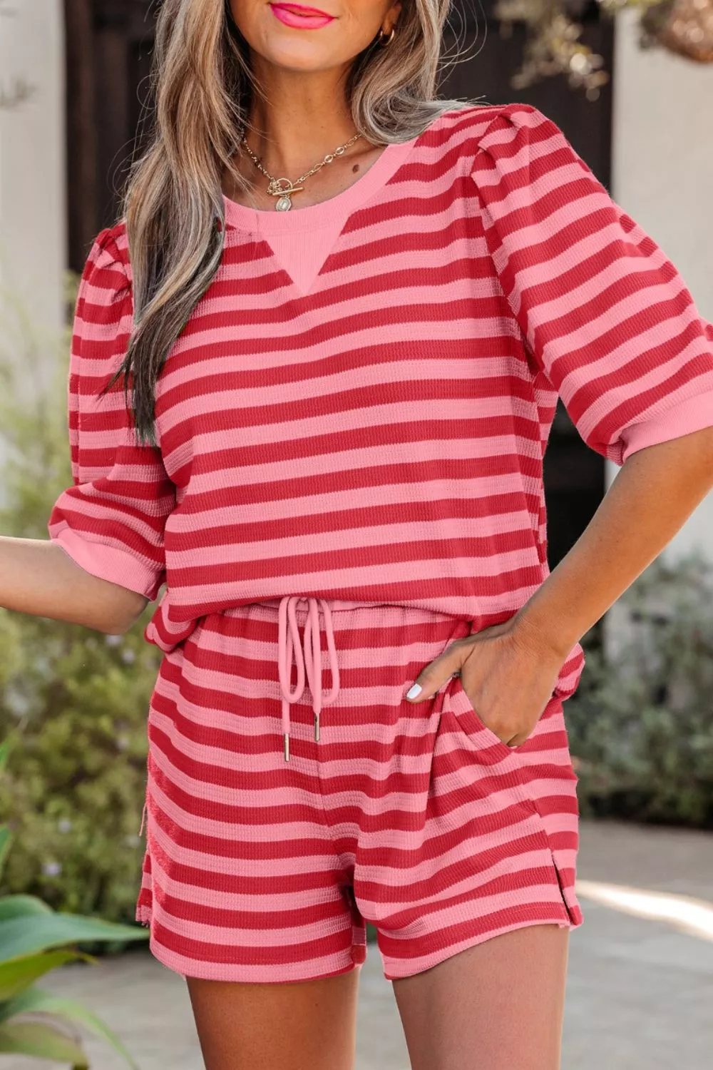 Striped Round Neck Top and Shorts Set, image 5