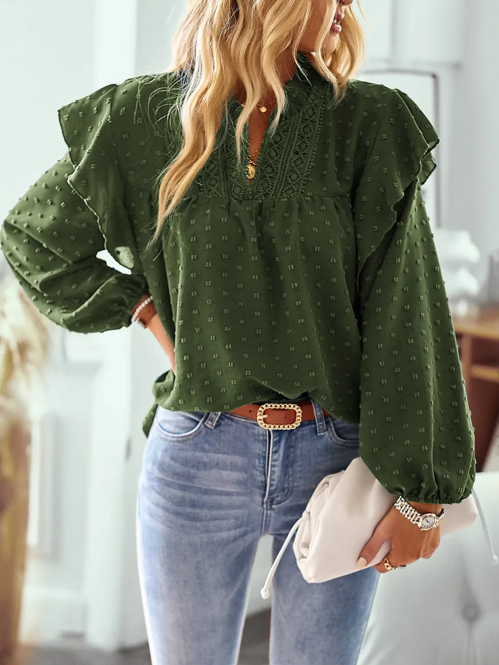 Swiss Dot Ruffled Long Sleeve Blouse, image 10