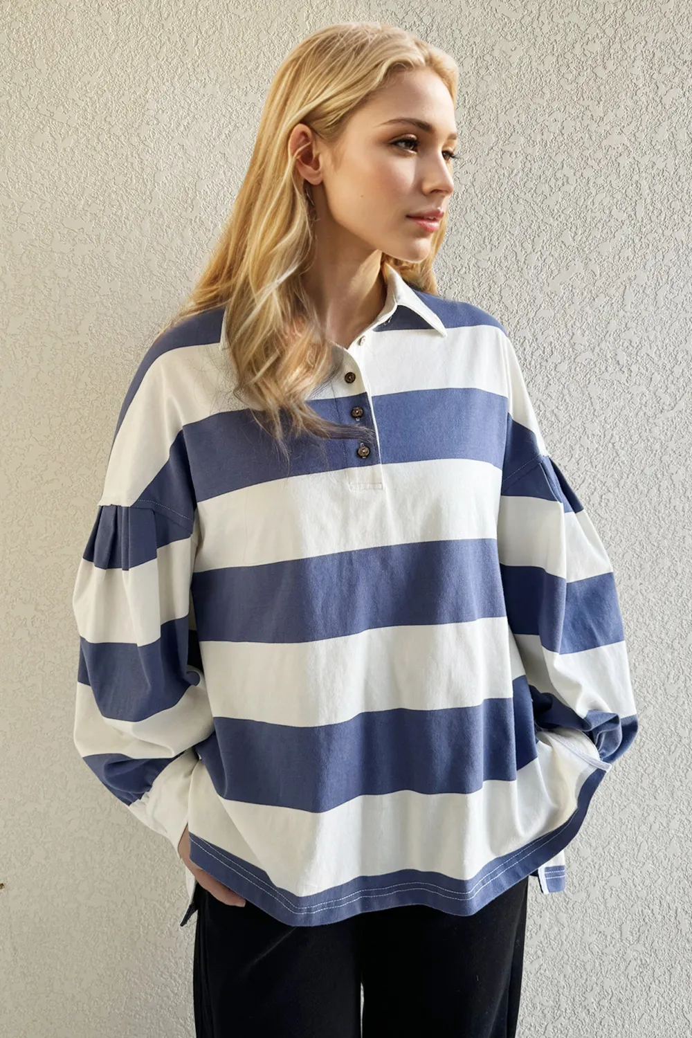 Pima Cotton Wash Wide Striped Collared Neck Long Sleeve Top, image 3