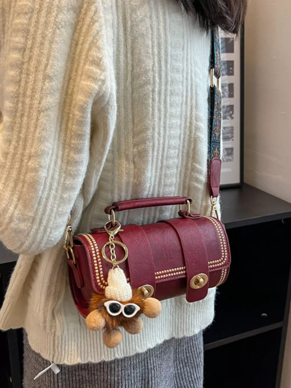 Vintage Barrel Crossbody Bag with Charm, image 2