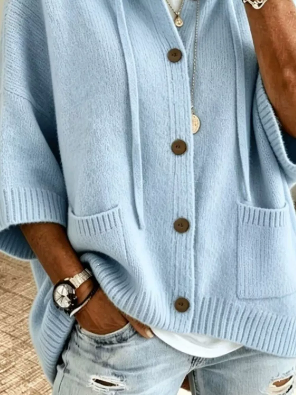 Hooded Button-Down Knit Cardigan, image 8