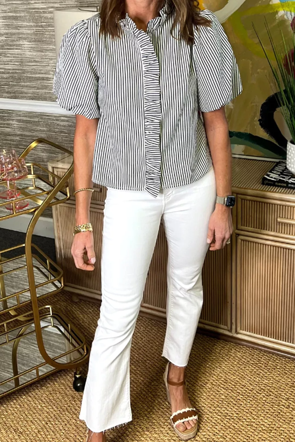 Striped Ruffle Short Bubble Sleeve Shirt, image 4