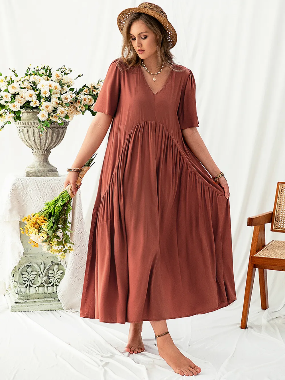 Plus Size V-Neck Flutter Sleeve Midi Dress, image 5