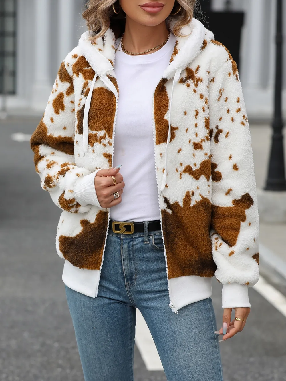 Fuzzy Drawstring Zip Up Hooded Jacket, image 5