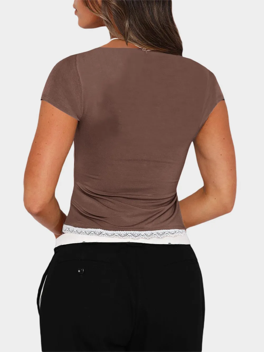 Lace Detail Sweetheart Neck Short Sleeve T-Shirt, image 13