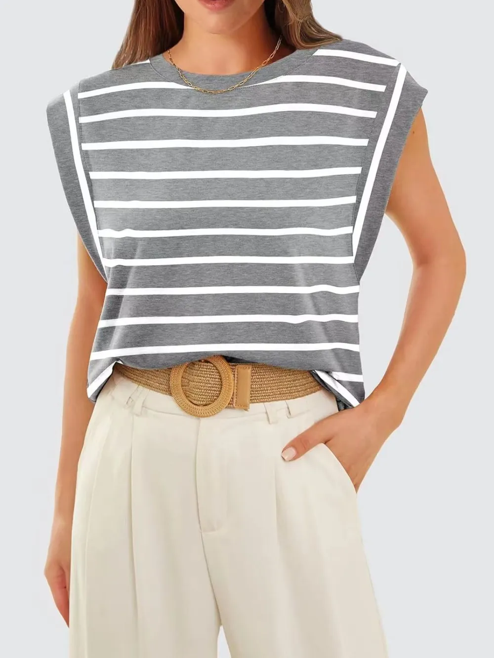 Striped Round Neck Cap Sleeve T-Shirt, image 14