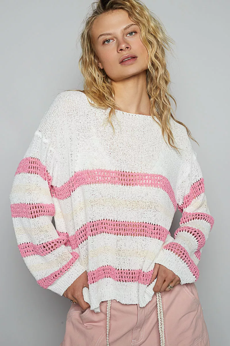Striped Openwork Round Neck Knit Top, image 4