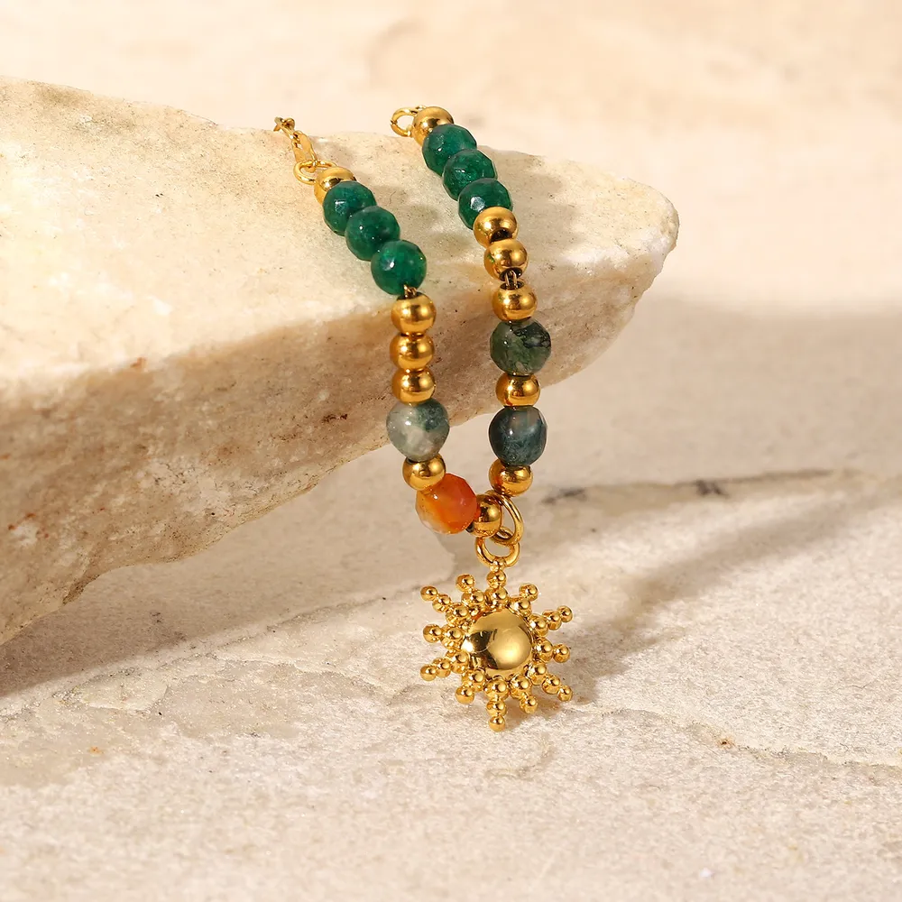 Bohemian Sun Charm Beaded Stainless Steel Necklace, image 4