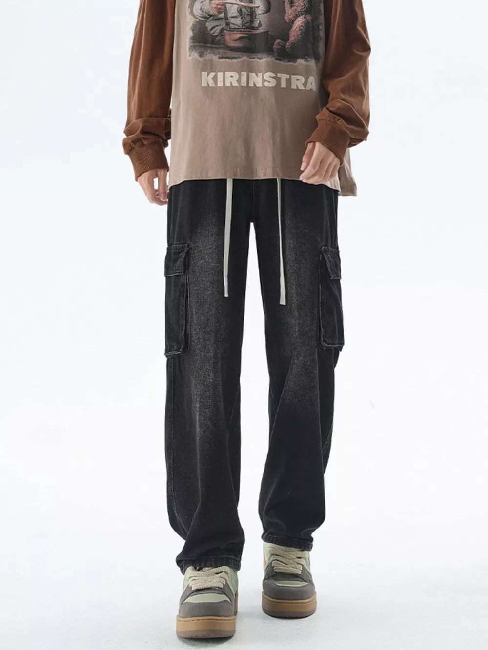 Men's Drawstring Wash Wide Leg Jeans, image 5