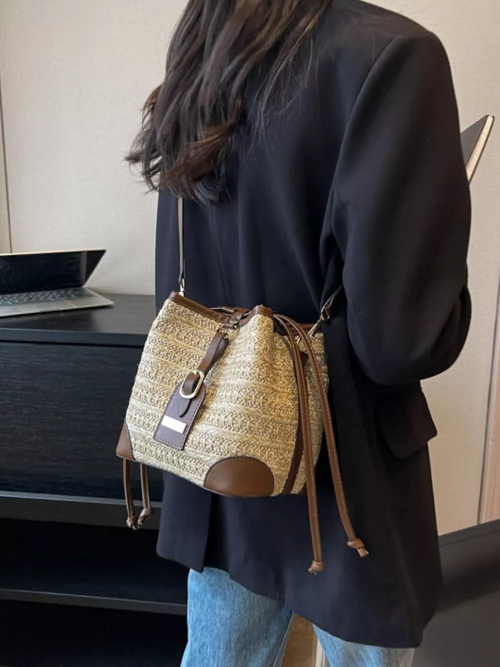 Woven Straw Bucket Crossbody Bag, image 7