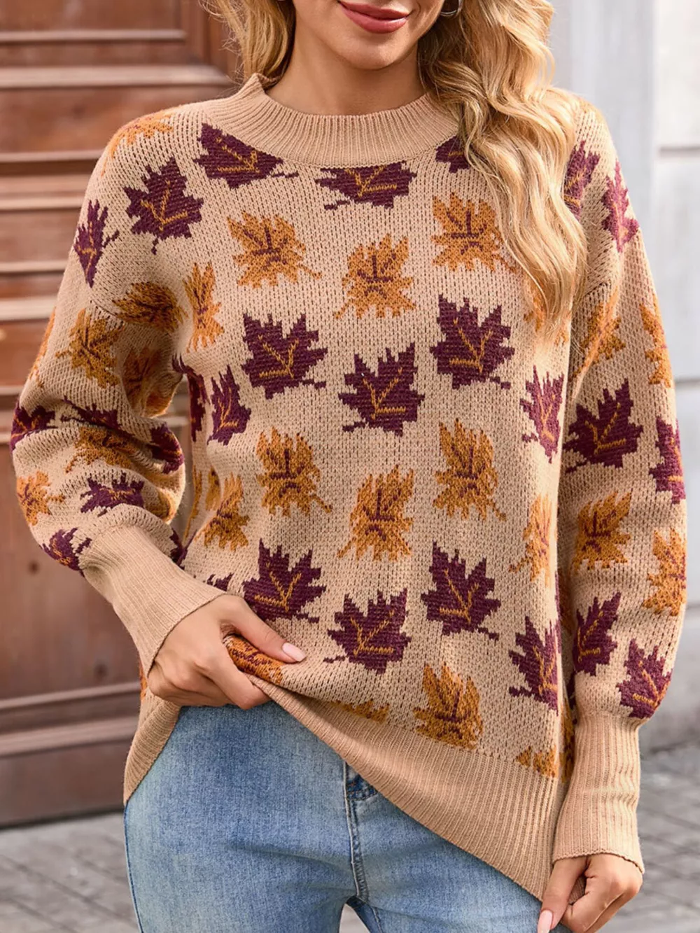 Autumn Leaf Pattern Mock Neck Sweater, image 5
