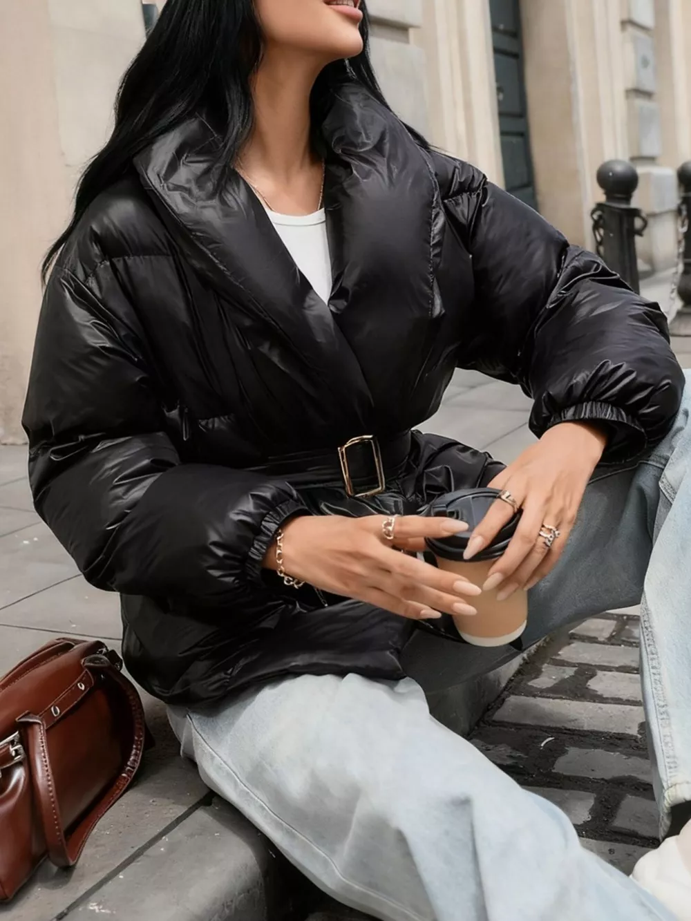 Long Sleeve Belted Puffer Jacket, image 8