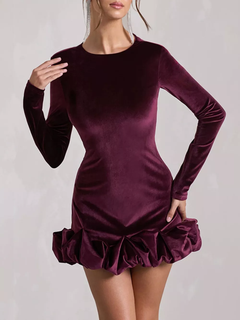 Velvet Ruched Hem Long Sleeve Dress, image 8