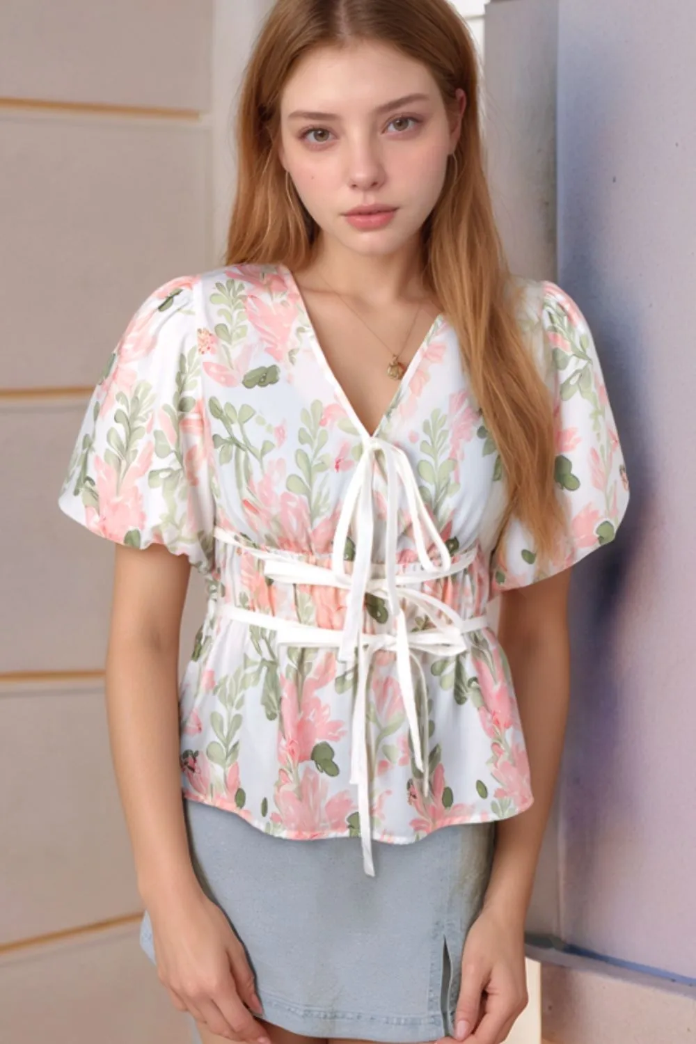 Tied Printed Short Sleeve Blouse, image 9