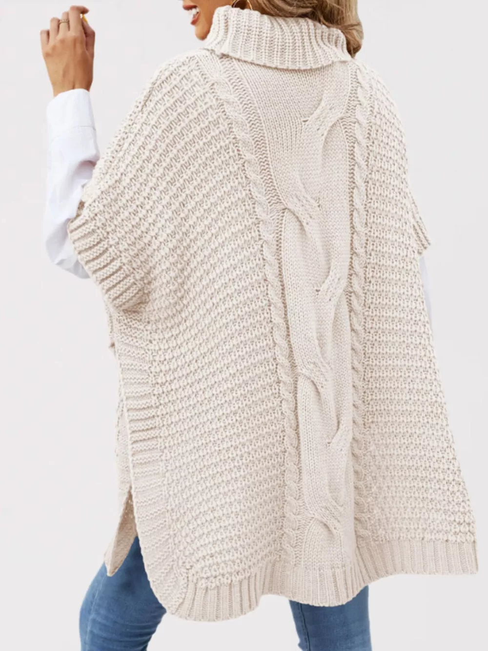 Turtleneck Cable-Knit Short Sleeve Oversized Sweater, image 6