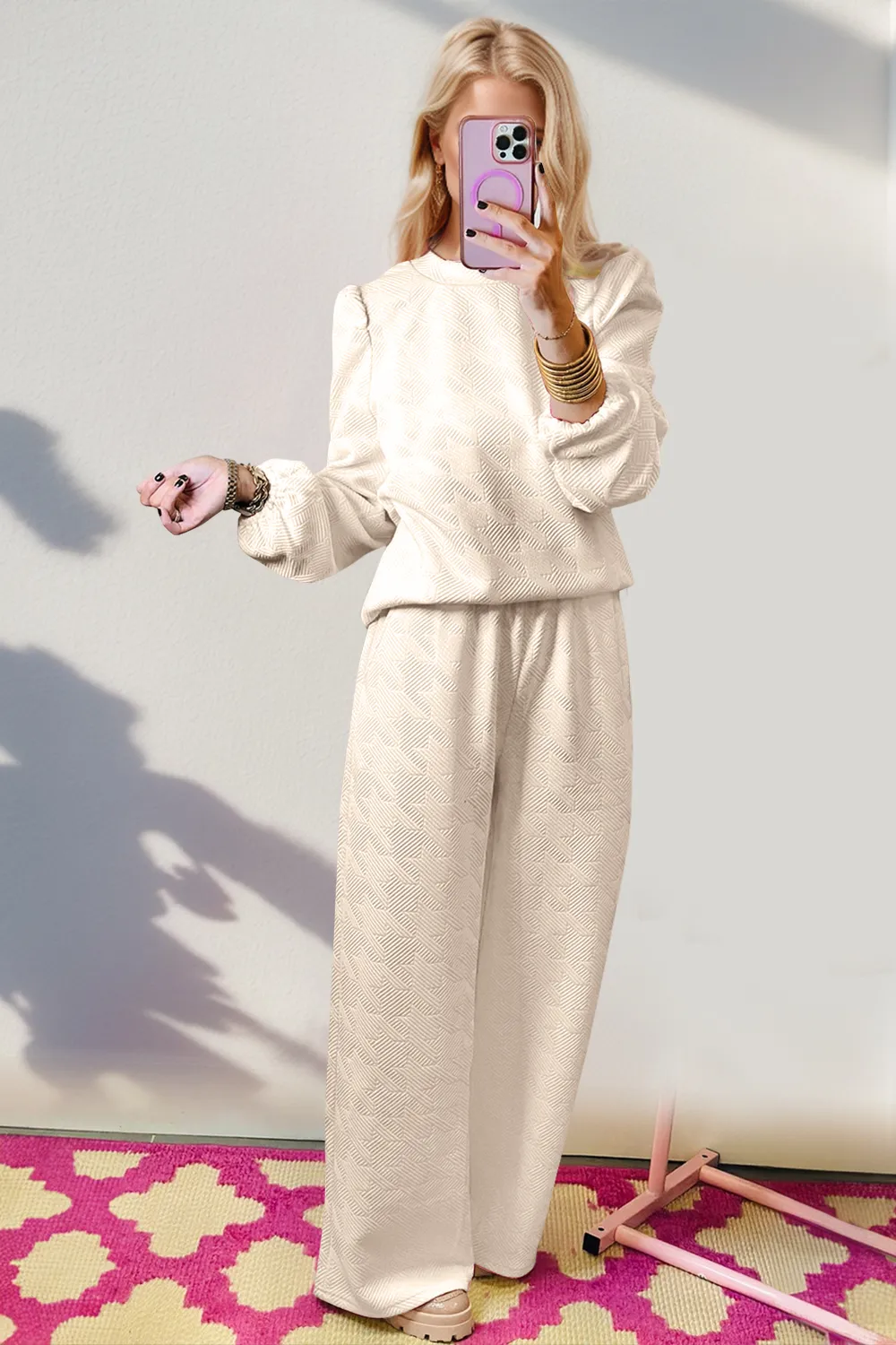 Texture Long Sleeve Top and Wide Leg Pants Set, image 4