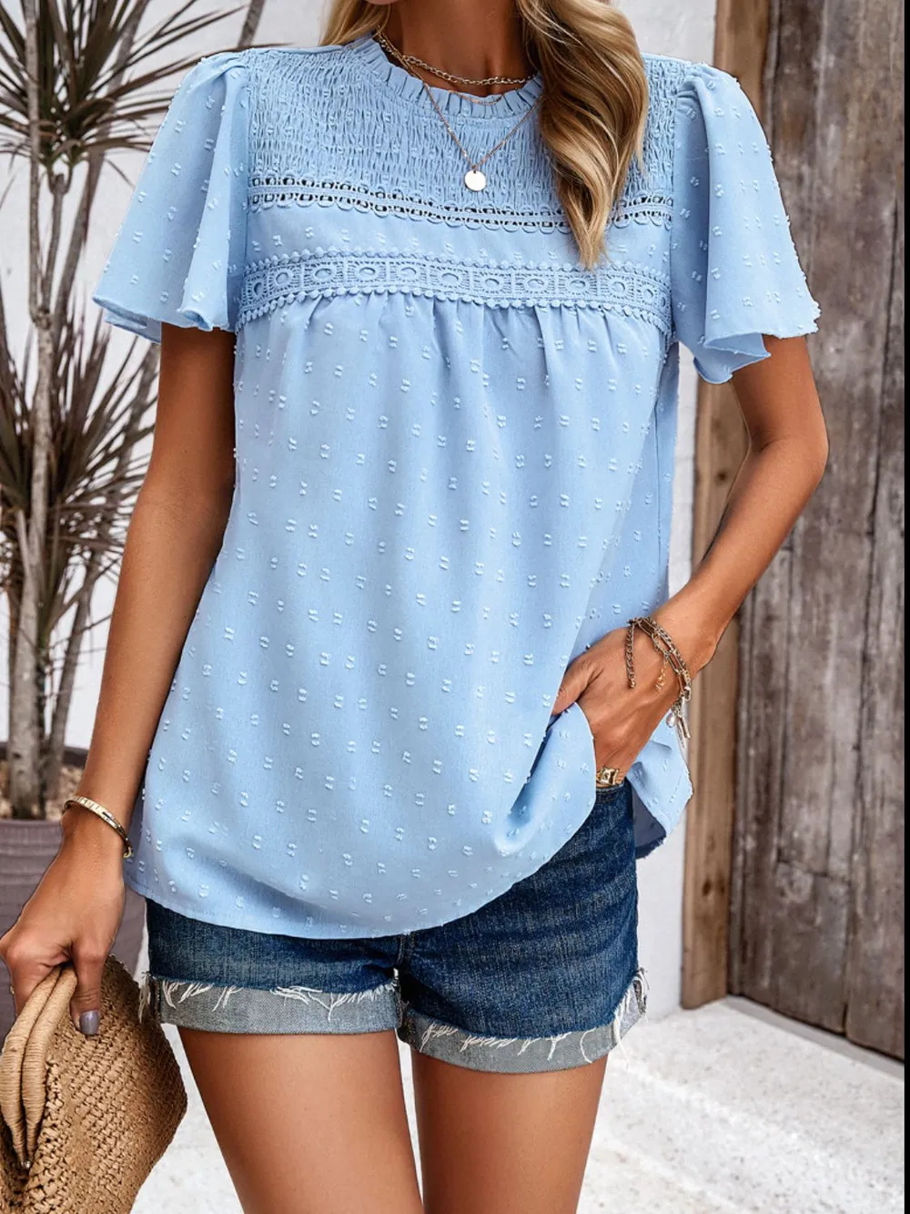 Swiss Dot Smocked Round Neck Short Sleeve Blouse, image 6
