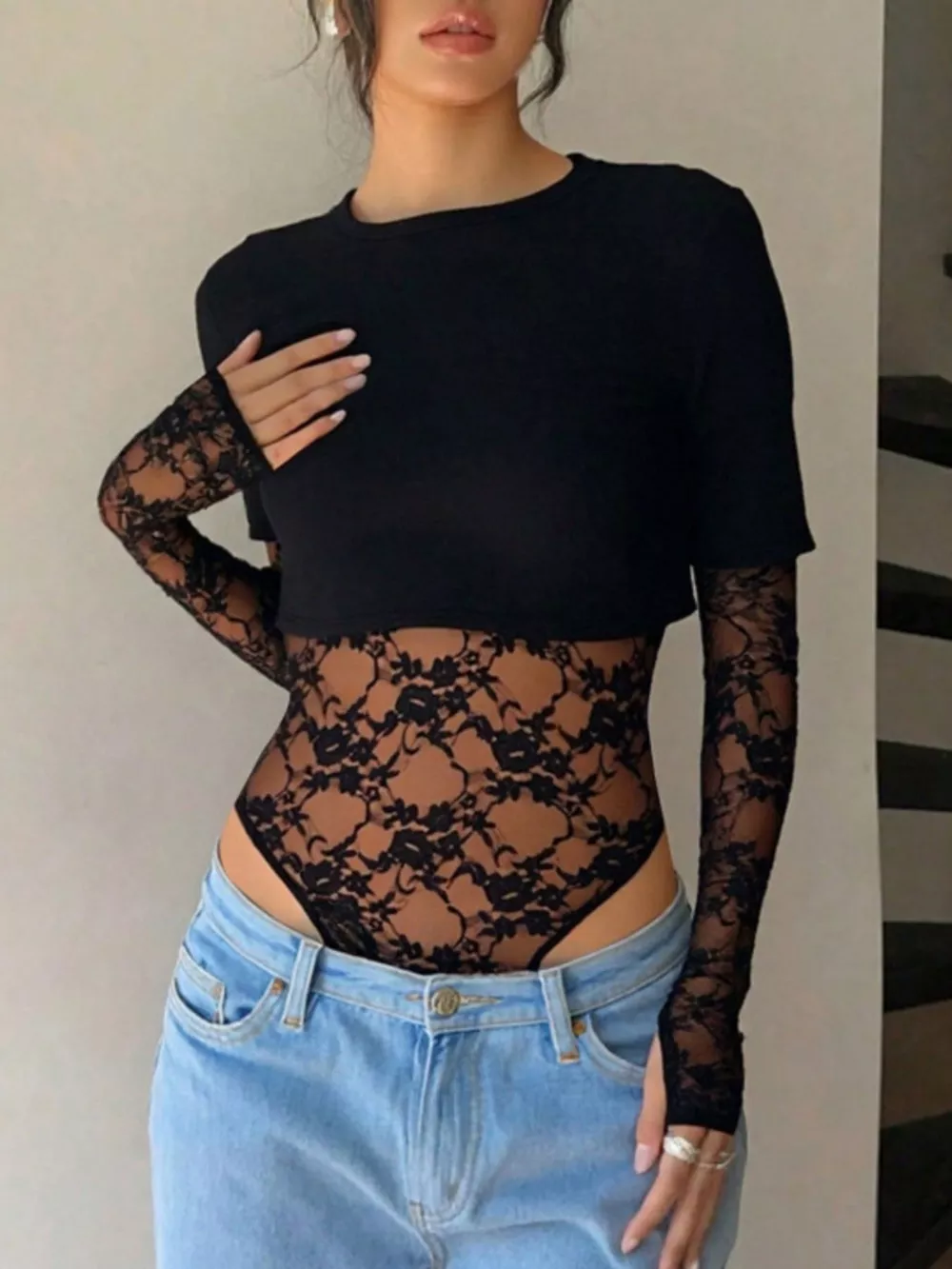 Lace Patchwork Round Neck Bodysuit, image 13