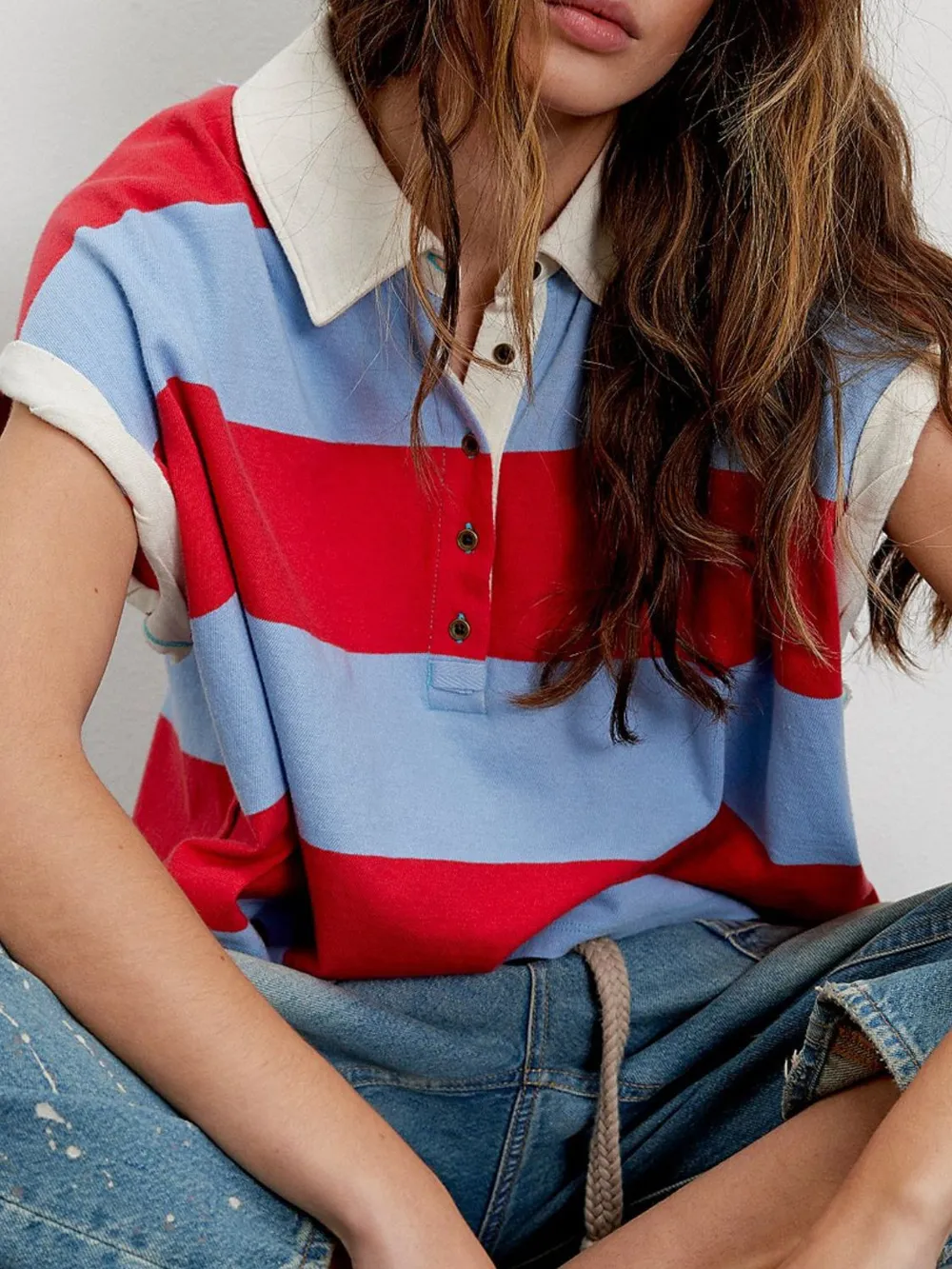 Striped Collared Neck Short Sleeve Top, image 7