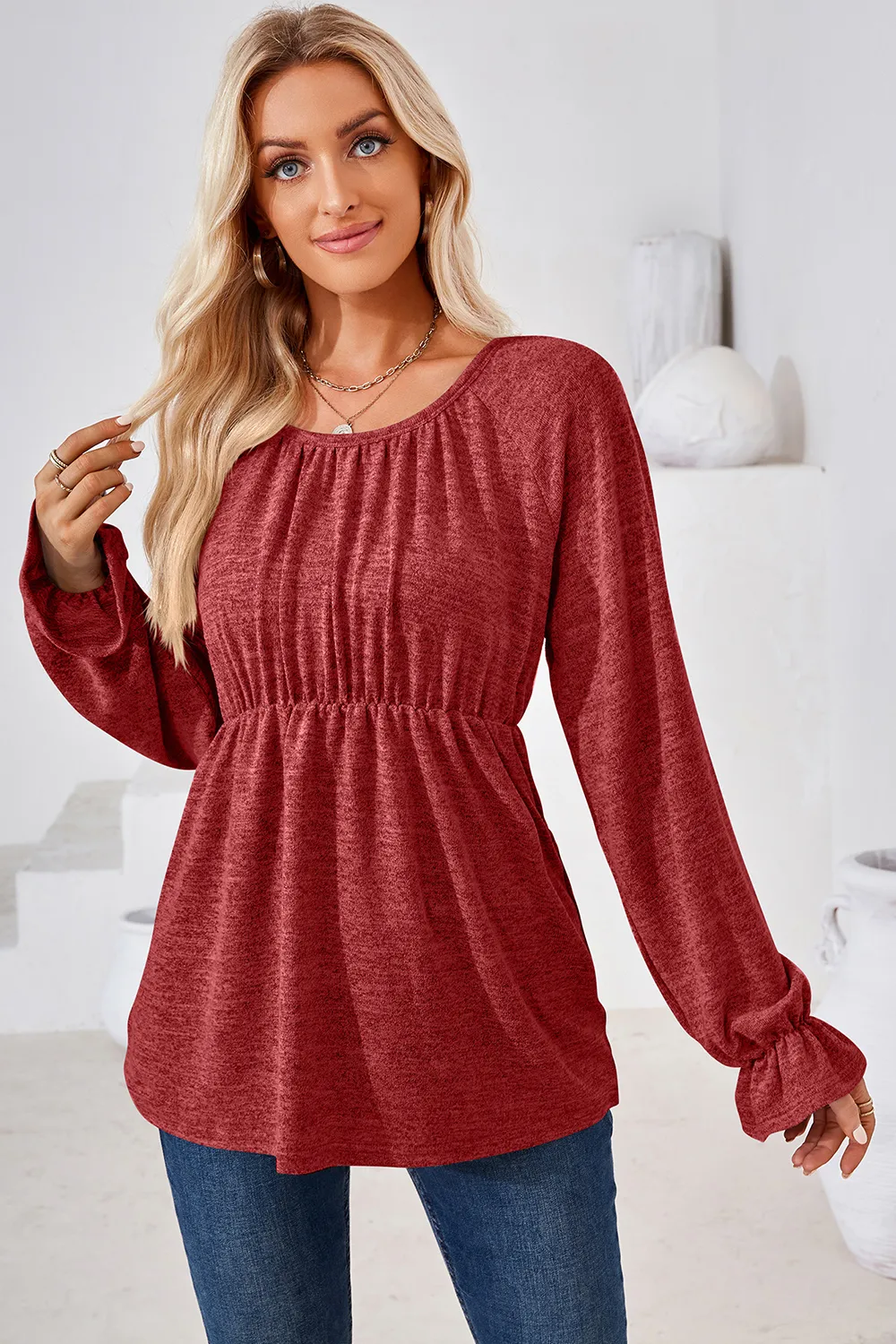 Ruched Round Neck Flounce Sleeve Blouse, image 6