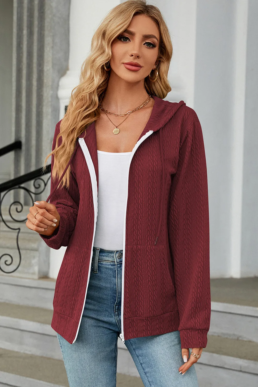 Drawstring Zip Up Long Sleeve Hoodie, image 10