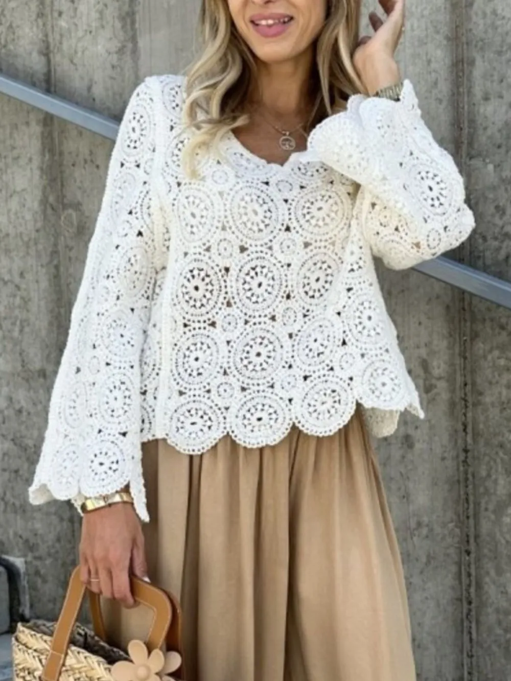 Crochet Lace V-Neck Bell Sleeve Knit Top, image 14