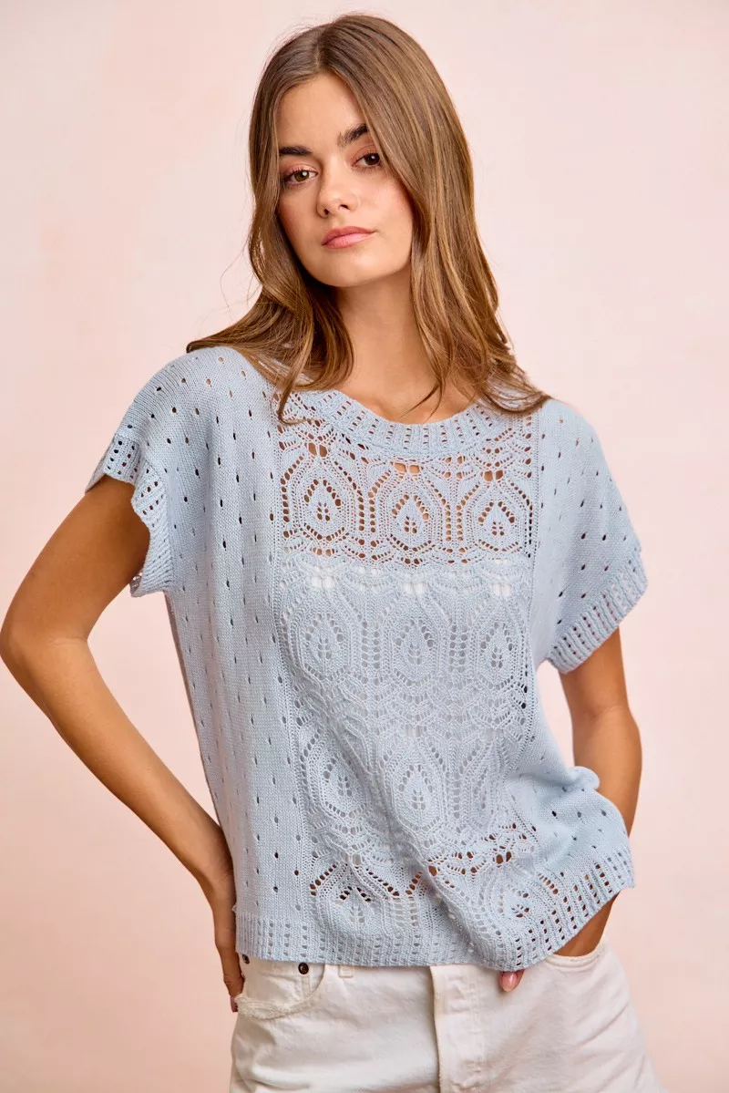 Washed Eyelet Short Sleeve Breathable Knit Top