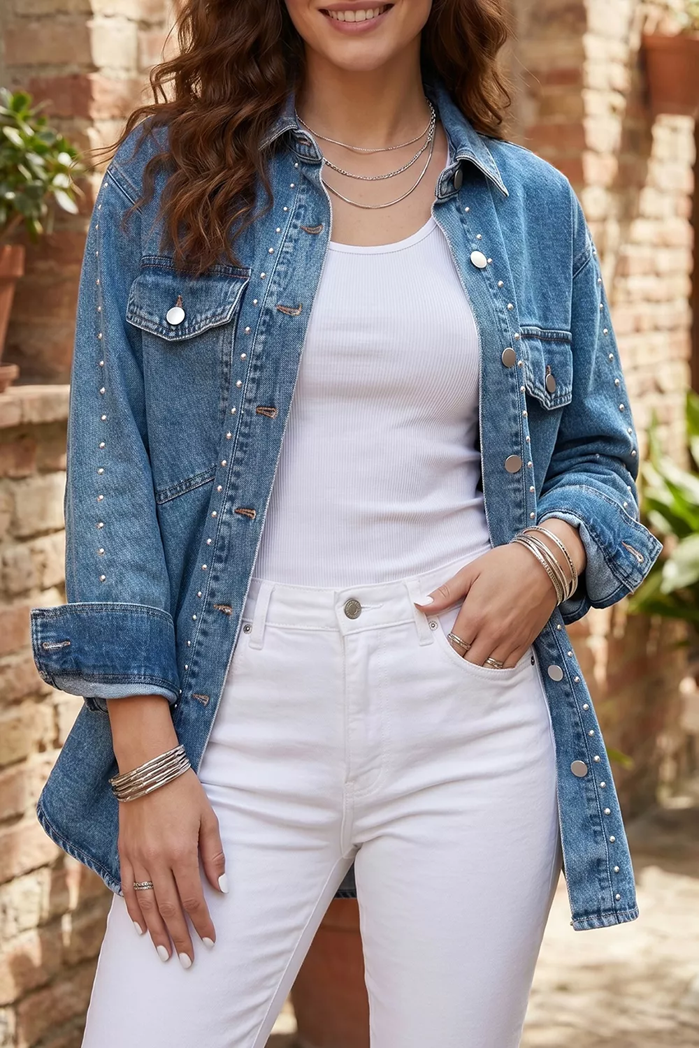 Rivet Embellished Western Style Regular Fit Long Sleeve Denim Jacket, image 4