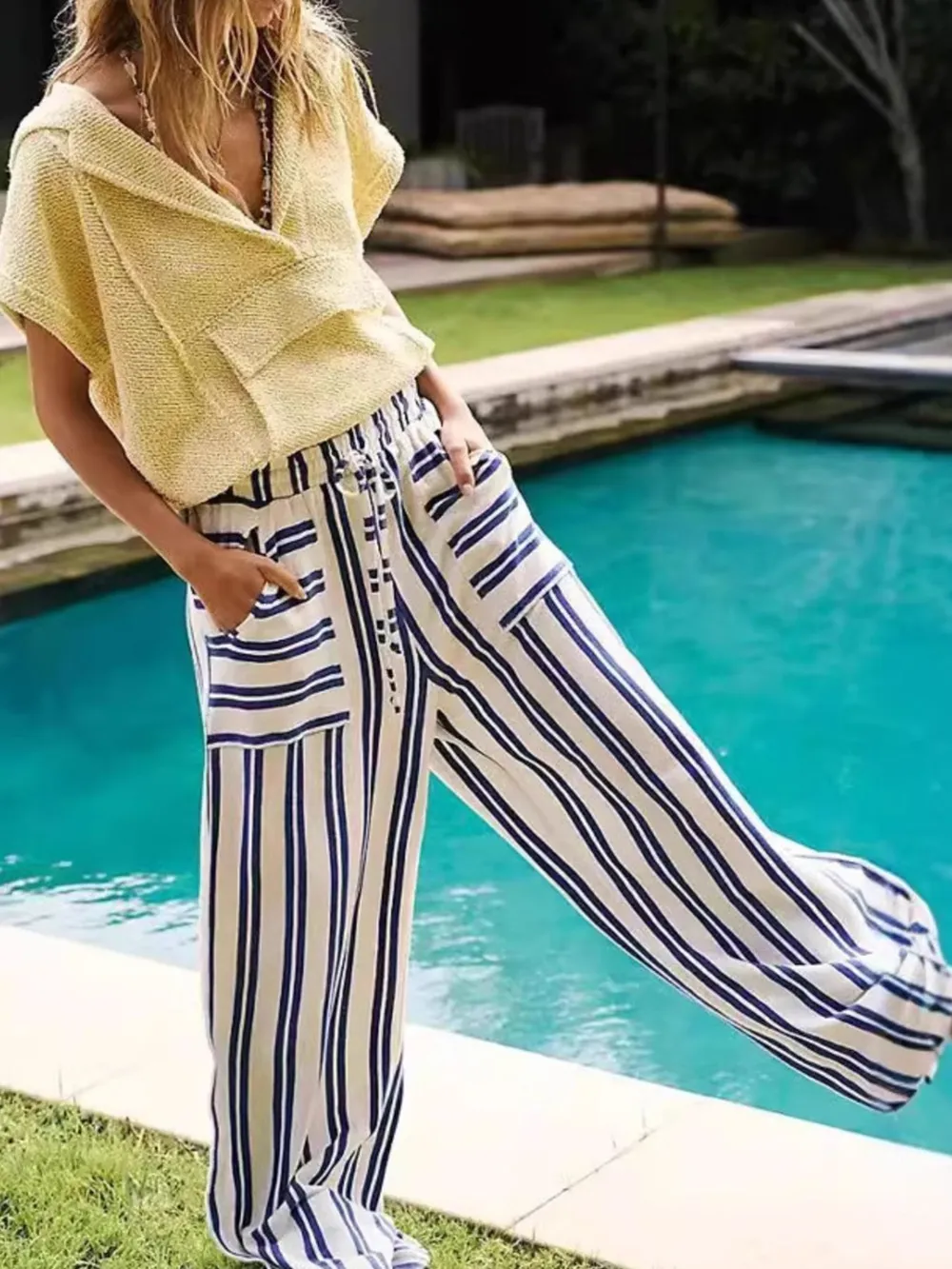 Striped Wide-Leg Drawstring Pants, image 8