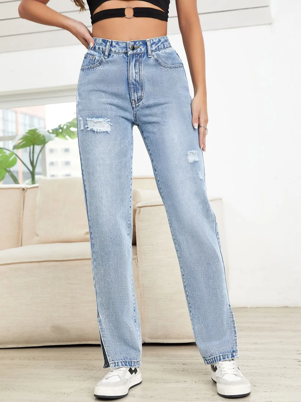 Distressed Slit Straight Leg Jeans
