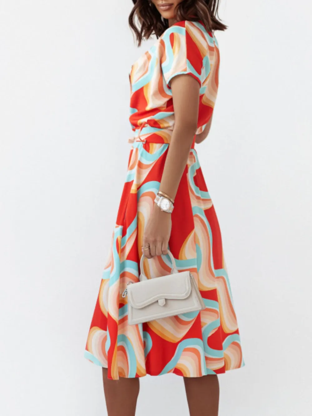 Printed Button Front Midi Dress with Belt, image 9