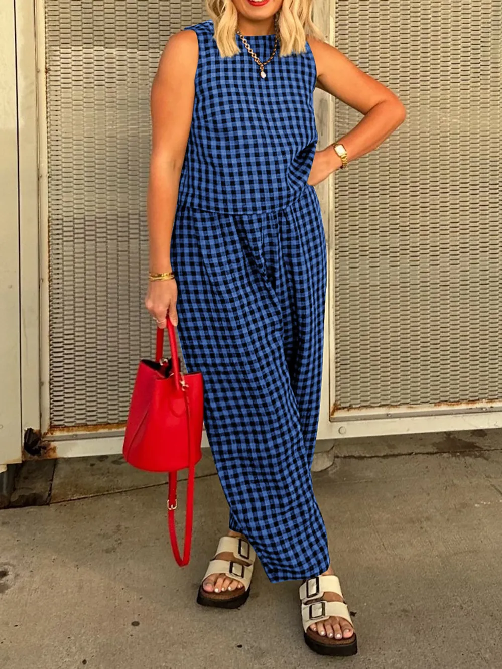 Plaid Round Neck Sleeveless Top and Pants Set, image 15