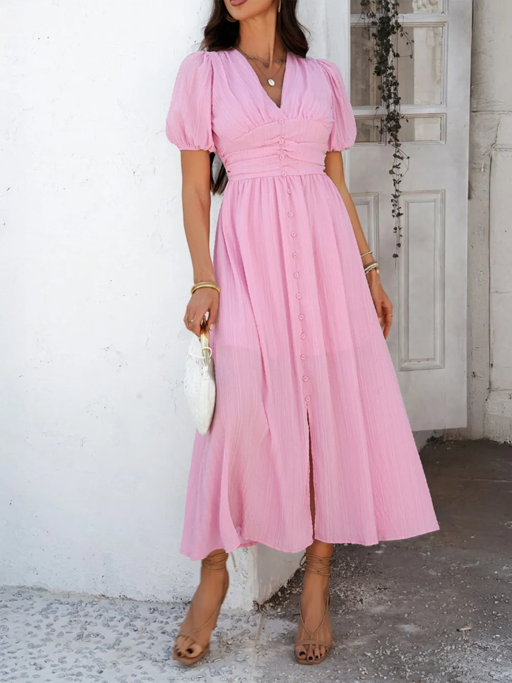 V-Neck Puff Short Sleeve Midi Dress, image 24