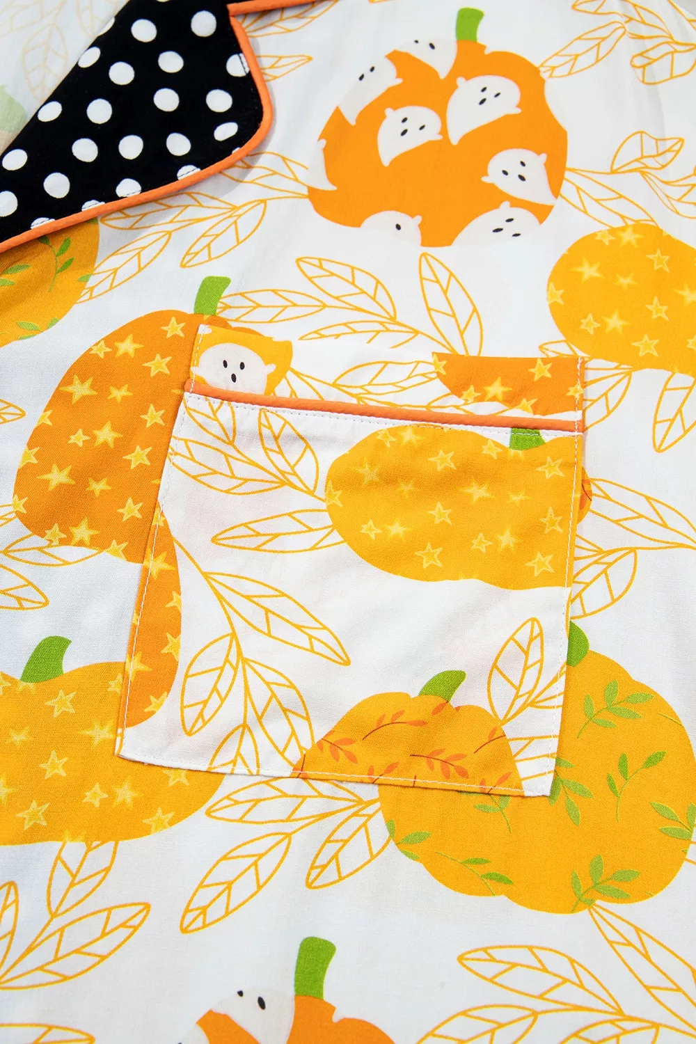 Short Sleeve Pumpkin Print Polka Dot Trim Pocket Placket Lounge Set, image 10