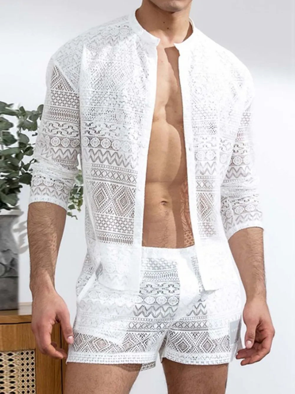 Men's Full Size Lace Button Down Top and Shorts Set Plus Size, image 5