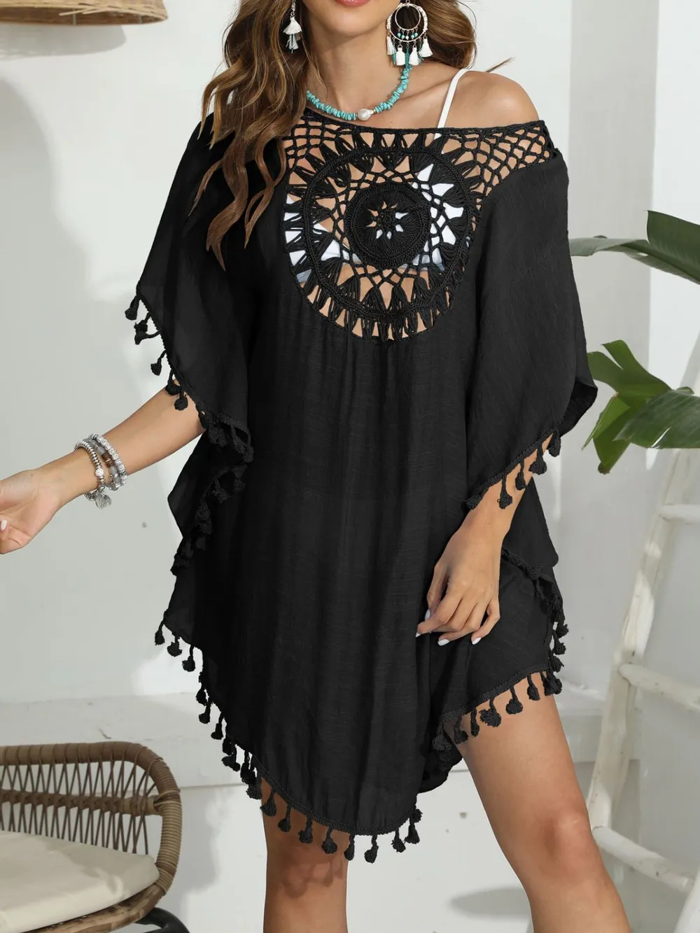 Tassel Crochet Round Neck Cover-Up