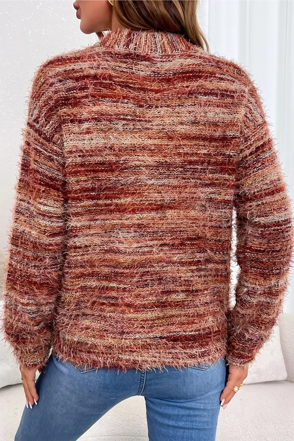 Fuzzy Striped Button Front Cardigan Sweater, image 7