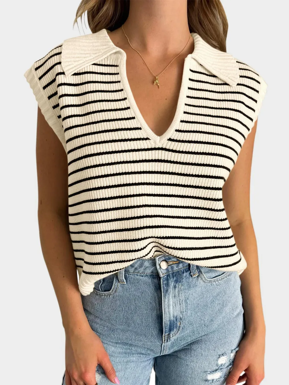 Collared Neck Striped Sweater Vest, image 14